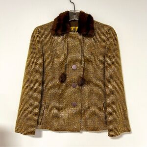 Vintage Rothmoor Tweed Jacket Real Fur Collar Pom Poms Mustard Yellow Brown